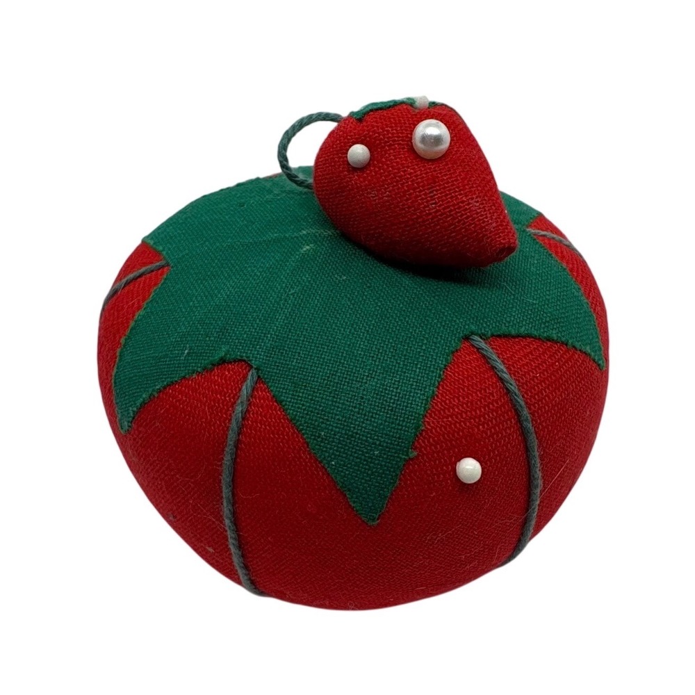 1970s Red Tomato Pincushion with Strawberry Emery and Vintage Straight Pins m